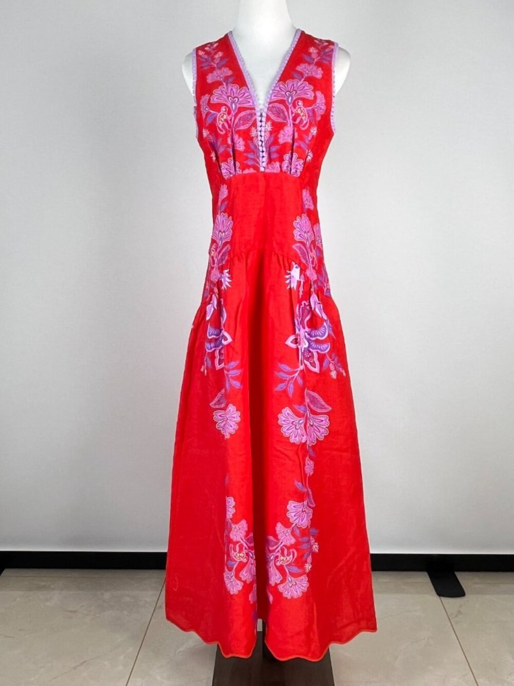 NWOT Farm Rio Porcelain Garden Red Linen Midi Dress Size XL - Picture 4 of 11